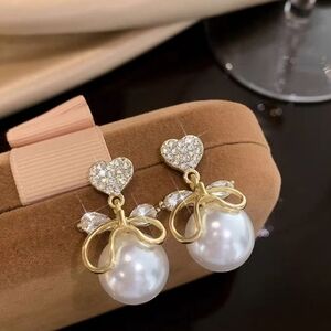 Elegant Crystal Pave Heart Stud & Iridescent Pearl Drop Earrings Bridal